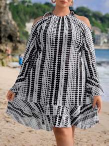 Plus Size Women's Open Shoulder Tie-Dye Printed Loose Shirtdress For Vacation Summer - Black and White - View 3