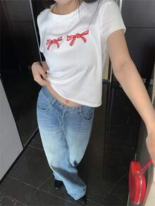 蝴蝶刺繡圓領短袖休閒T恤 - 白色 - 查看 7