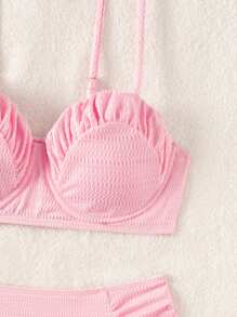 Swim Vcay Summer Women's Solid Color Pleated Sexy Bikini Set For Beach Holiday - Pink - View 4