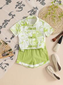 Bộ đồ mùa hè kiểu Trung Quốc cho bé trai Đường Áo sơ mi và quần short ngắn tay, Bộ trang phục dệt - màu xanh lá - Xem 1