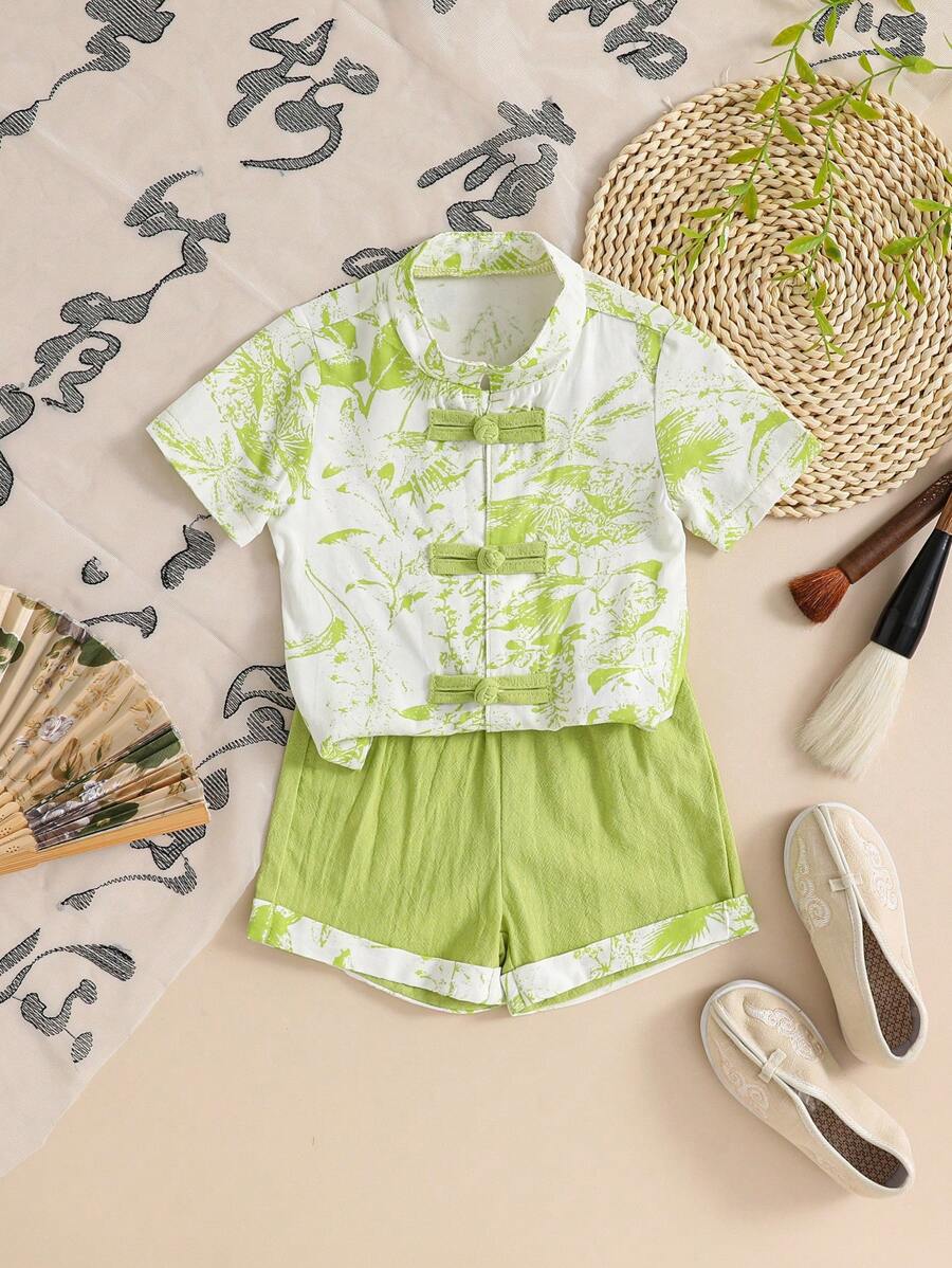 Bộ đồ mùa hè kiểu Trung Quốc cho bé trai Đường Áo sơ mi và quần short ngắn tay, Bộ trang phục dệt - màu xanh lá - Xem 1