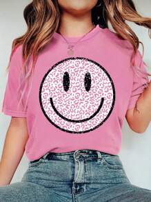 GraphicGems Tween Girl's Summer Smiling Face Leopard Print Short Sleeve Casual T-Shirt - Hot Pink - View 4