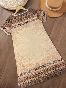 女式复古印花V领短袖连衣裙 - 彩色 - 查看 2