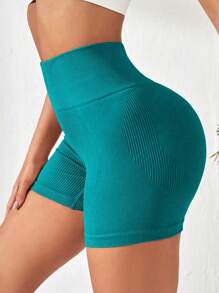SHEIN Sport Studio Pantaloncini sportivi con fascia vita larga, pantaloncini da donna blu, pantaloncini fitness, pantaloncini da ciclista