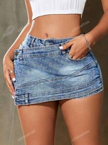 Rave Y2K Street Vintage Stretch Overlap Waist Wrap Solid Asymmetrical Hem A-Line Skinny Mini Denim Skorts