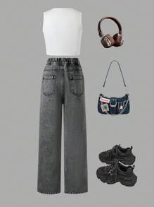 SHEIN Sommerliches Set für Tween Mädchen: Einfaches, bedrucktes Tank Top und ausgewaschene Denim-Hose