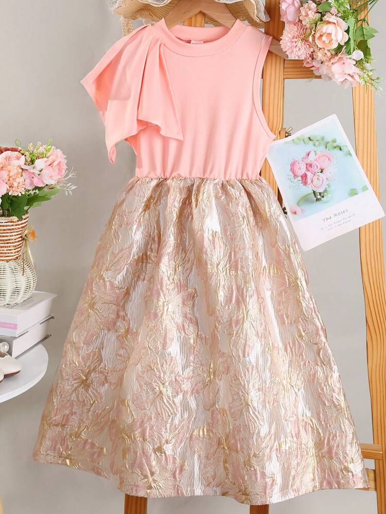 Tween Girl Elegant High Neck Sleeveless Jacquard Formal Dress With Waist Belt