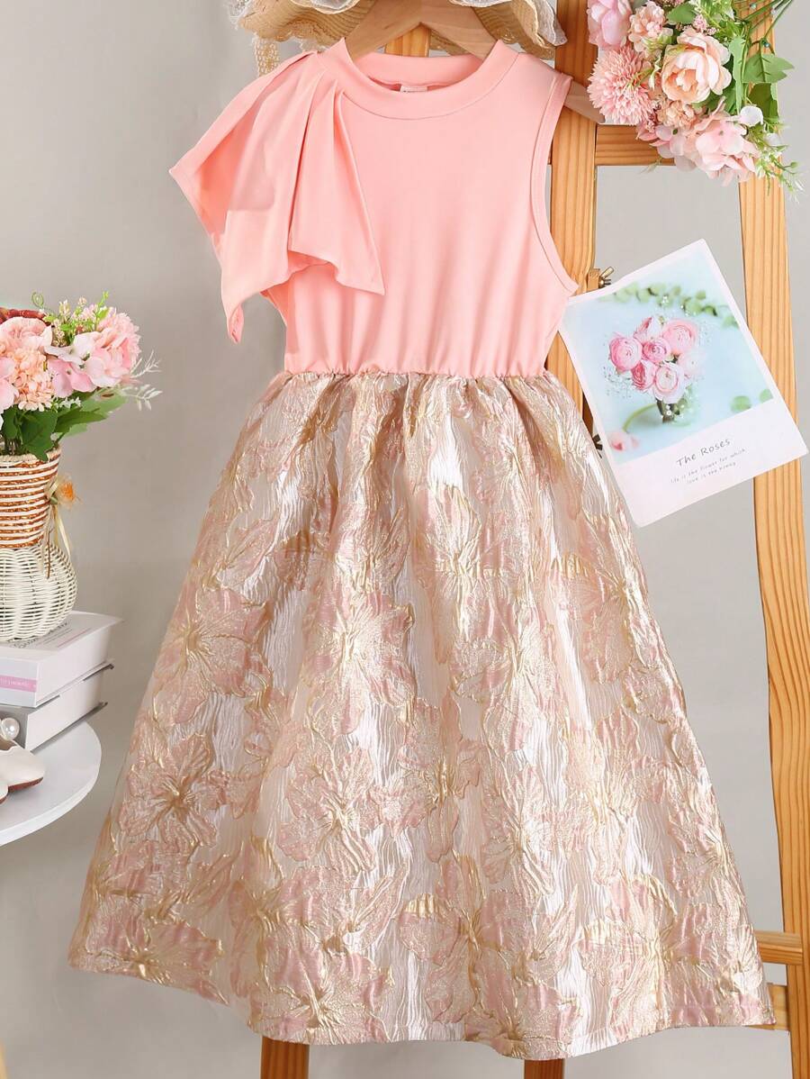 SHEIN Vestido formal sin mangas y cuello alto de jacquard elegante para niña preadolescente con cinturón de cintura