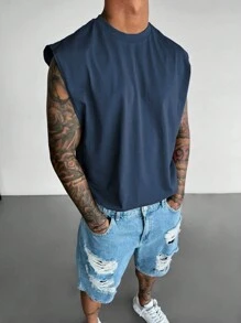 2025新款男士纯色圆领无袖休闲嘻哈上衣，春夏款 - 藍色 - 查看 4