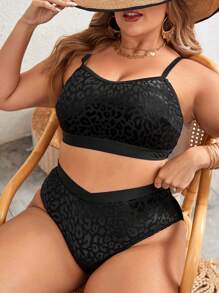 SHEIN Swim Curve Plus Size Simple Vacation Style Spaghetti Strap Bikini And Bikini Bottom Set,Summer Beach - Black - View 1
