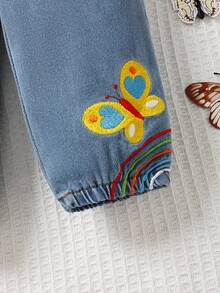 可愛的花朵和彩虹圖案捲邊牛仔褲，適合寶寶女孩 - 淺色水洗藍 - 查看 4