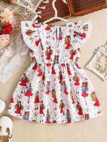 1入嬰兒女寶寶可愛卡通圖案荷葉邊無袖連衣裙，適用於日常穿著、攝影和遊戲，夏季 - 白色 - 查看 2