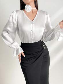 Modelyn Áo cài nút tay áo phía trước cho trang phục hàng ngày - trắng - Xem 1