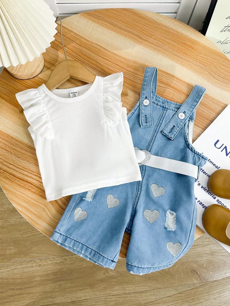 Baby Girl Vacation Casual Solid Color Ruffle Hem Top With Ironed Silver Heart And Distressed Denim Overalls Set
