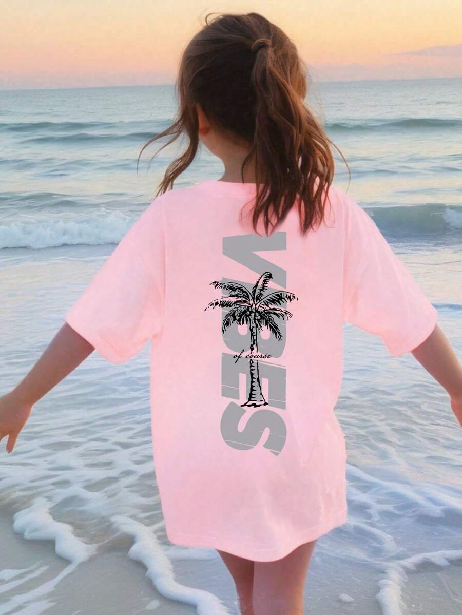 少女夏季字母和棕櫚樹印花圓領短袖休閒T恤 - 淺粉色 - 查看 1