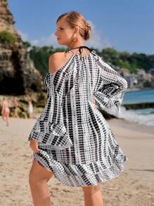 Plus Size Women's Open Shoulder Tie-Dye Printed Loose Shirtdress For Vacation Summer - Black and White - View 2