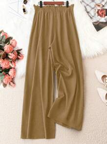 SHEIN LUNE Pantalones de pierna ancha de cintura con volante con nudo delantero