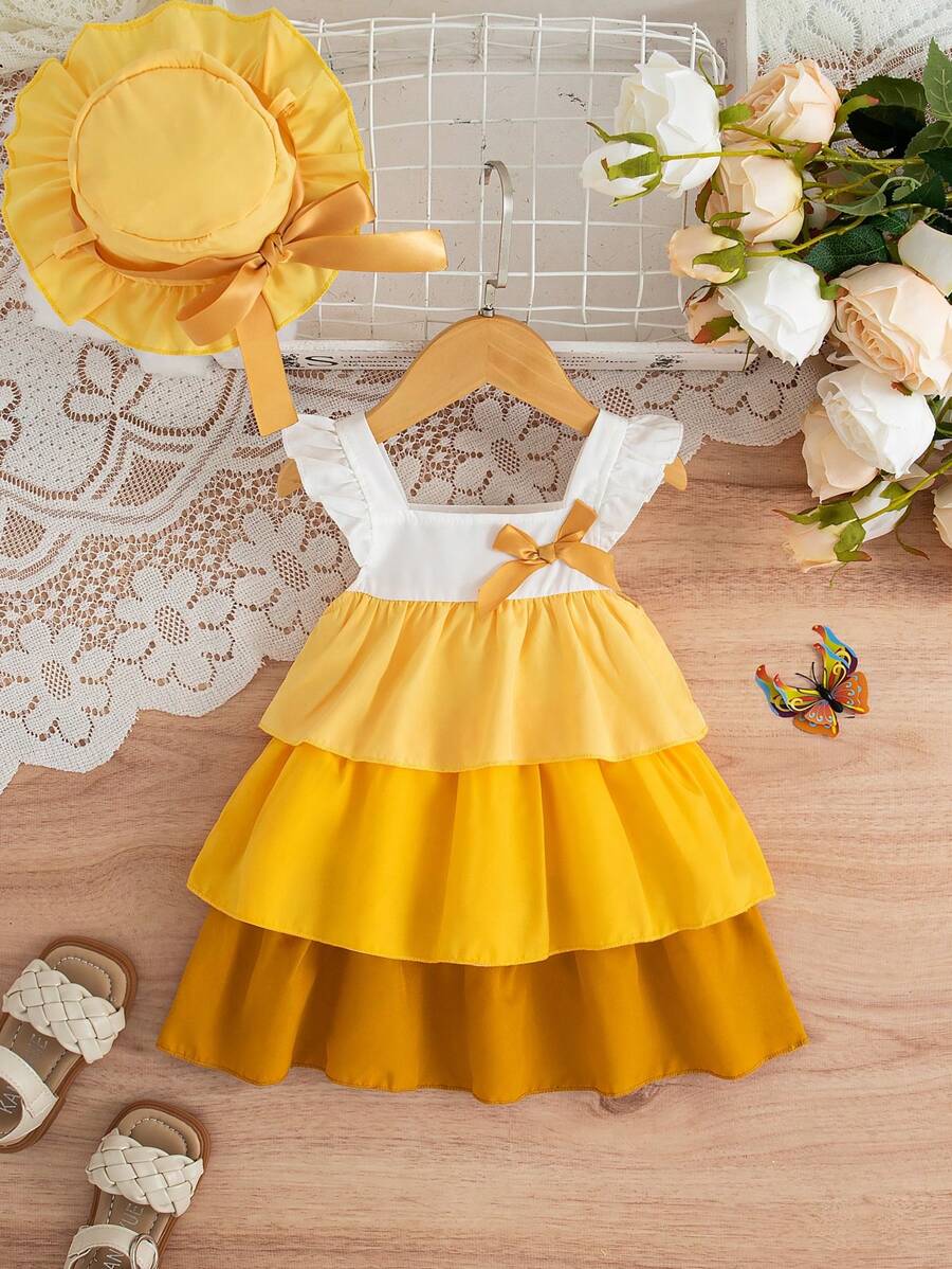 SHEIN Baby Girl Multi-Layer Design Fashionable Cap Sleeve Dress And Hat - Yellow - View 1