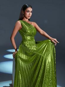 Faeriesty Đầm dạ hội xếp ly màu ánh kim, lệch vai - Màu xanh Ô liu - Xem 5