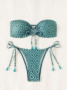 SHEIN Swim Women's Summer Beach Geometric Printed Bandeau Hollow Out Tie Bikini Set - Green - View 3