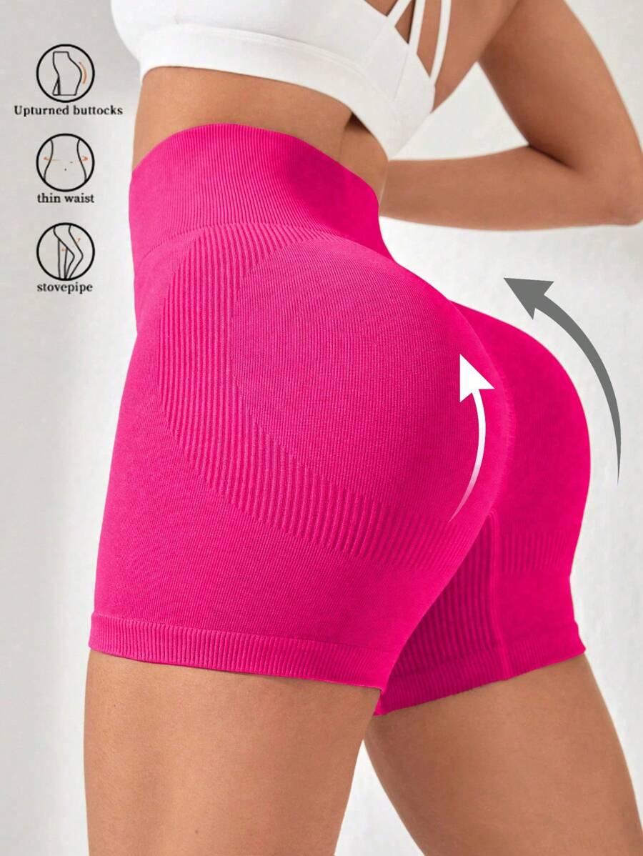 Easithlete 宽腰带运动短裤女士运动短裤、健身短裤、骑行短裤 - 玫紅色 - 查看 1