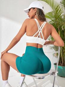 SHEIN Sport Studio Pantaloncini sportivi con fascia vita larga, pantaloncini da donna blu, pantaloncini fitness, pantaloncini da ciclista