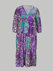 Orange Deep V-Neck Dress, Plus Size, Autumn/Winter - Purple - View 3