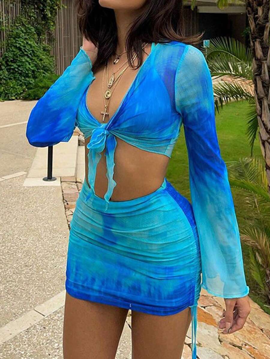 Tie Dye Knot Front Crop Top & Drawstring Side Skirt - Blue - View 1