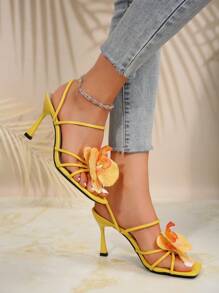 花卉装饰高跟凉鞋，欧美风夏季沙滩一脚蹬女士拖鞋，适合约会、通勤、宴会、聚会 - 黃色 - 查看 3