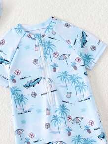 2 件装男婴热带椰子树度假风格泳衣，配有前拉链、防晒帽、蓝色扎染短袖连体衣 - 霧霾藍 - 查看 5