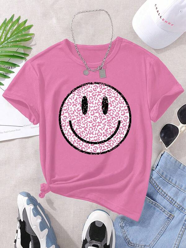 GraphicGems Tween Girl's Summer Smiling Face Leopard Print Short Sleeve Casual T-Shirt