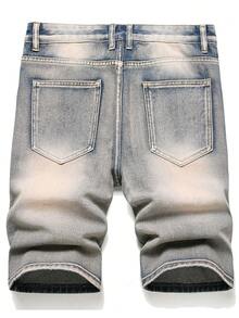 Pantalones cortos de mezclilla para hombre de ajuste delgado y pierna recta con bloqueo de color desgastado - Azul lavado medio - Ver 2