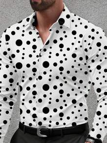 Men Polka Dot Print Long Sleeve Shirt, Fall - White - View 3