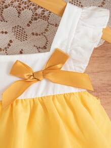 SHEIN Baby Girl Multi-Layer Design Fashionable Cap Sleeve Dress And Hat - Yellow - View 3