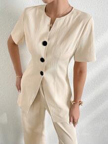 Mulvari Set di top e pantaloni a maniche corte con colletto a tacche monocolore da donna con chiusura a pulsante singolo - Albicocca - Visualizzare 5