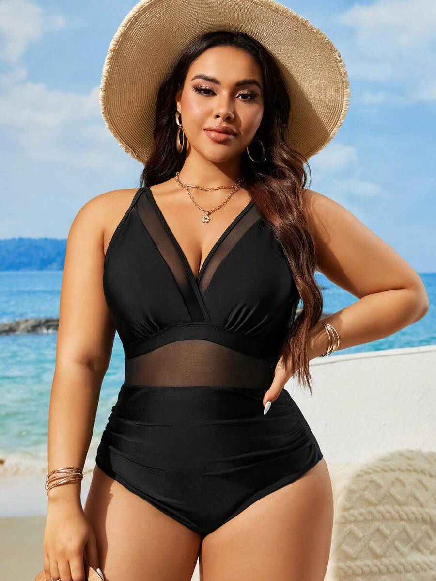 SHEIN Swim Plus-Size Summer Beach Contrast Mesh One-Piece Swimsuit, Full Coverage Swim Wear - Black - View 1