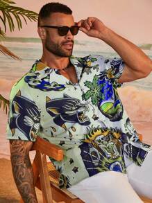 Manfinity RSRT Camisa casual de verano de manga corta con estampado integral de talla grande