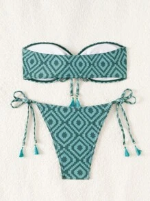 SHEIN Swim Women's Summer Beach Geometric Printed Bandeau Hollow Out Tie Bikini Set - Green - View 2
