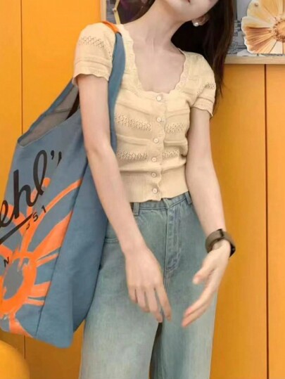 Women's Casual Solid Color Short Sleeve Sweater