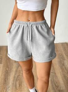 SHEIN Unity Quần short thường ngày có dây rút eo co giãn cho nữ - Xám - Xem 6