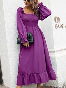 Autumn Smocked Square Neck Flared Dress | Boho Bell Sleeve Ruffle Hem Midi | Casual Elegant Solid Color - 紫色 - 查看 4