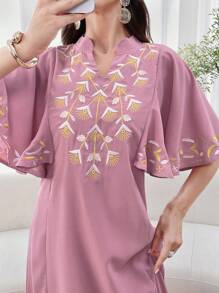 SHEIN Najma 女士花卉刺绣缺口领口荷叶边袖优雅连衣裙 - 粉色 - 查看 8