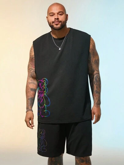 Manfinity VCAY 2pcs/Set Men's Plus Size Knit Casual Bear Print Round Neck Tank Top And Straight Shorts Outfit
