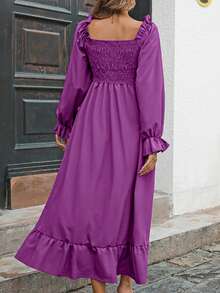 Autumn Smocked Square Neck Flared Dress | Boho Bell Sleeve Ruffle Hem Midi | Casual Elegant Solid Color - 紫色 - 查看 2