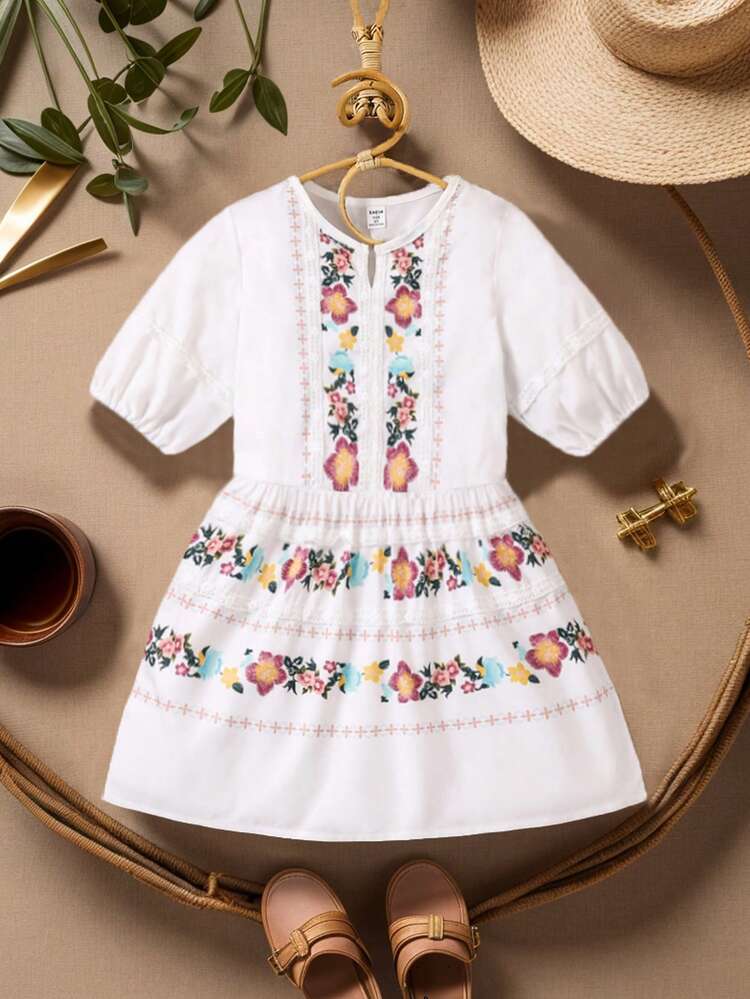 Summer-To-Fall Warm Vacation Style Girls' Dress, Handmade  Print With Lace Decor, New For Spring And Summer Seasons