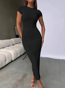 INAWLY Solva Solid Color Round Neck Bodycon Dress