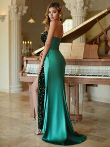 优雅修身船领高开叉晚礼服闪亮亮片拼接串珠褶皱派对礼服春季新款圣帕特里克节主题礼服鸡尾酒会礼服派对装婚礼宾客礼服舞会礼服单身派对订婚派对新娘送礼会蜜月 - 墨綠色 - 查看 2