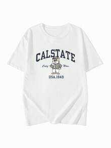 女士休闲宽松字母与卡通图案印花圆领短袖 T 恤，百搭设计，夏季 - 白色 - 查看 3