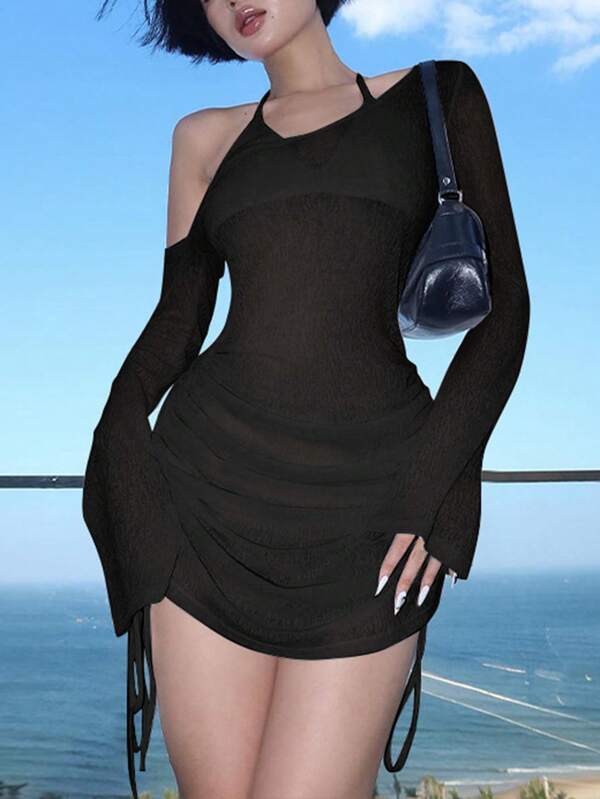 Women Solid Color Asymmetric Neck Long Sleeve Drawstring Dress, Suitable For Summer Black Spring Elegant