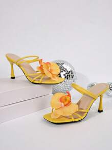 花卉装饰高跟凉鞋，欧美风夏季沙滩一脚蹬女士拖鞋，适合约会、通勤、宴会、聚会 - 黃色 - 查看 7